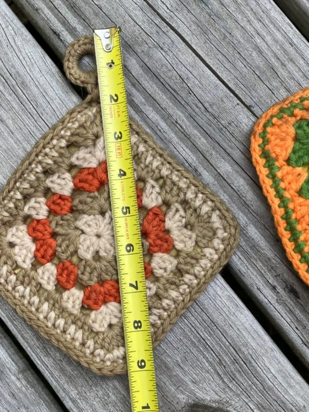 Granny square Potholders Double-sided 7 X 7 Handmade Green Orange Brown Crochet